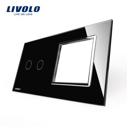 Rama de sticla pentru intrerupator dublu touch + priza simpla, Neagra, Livolo